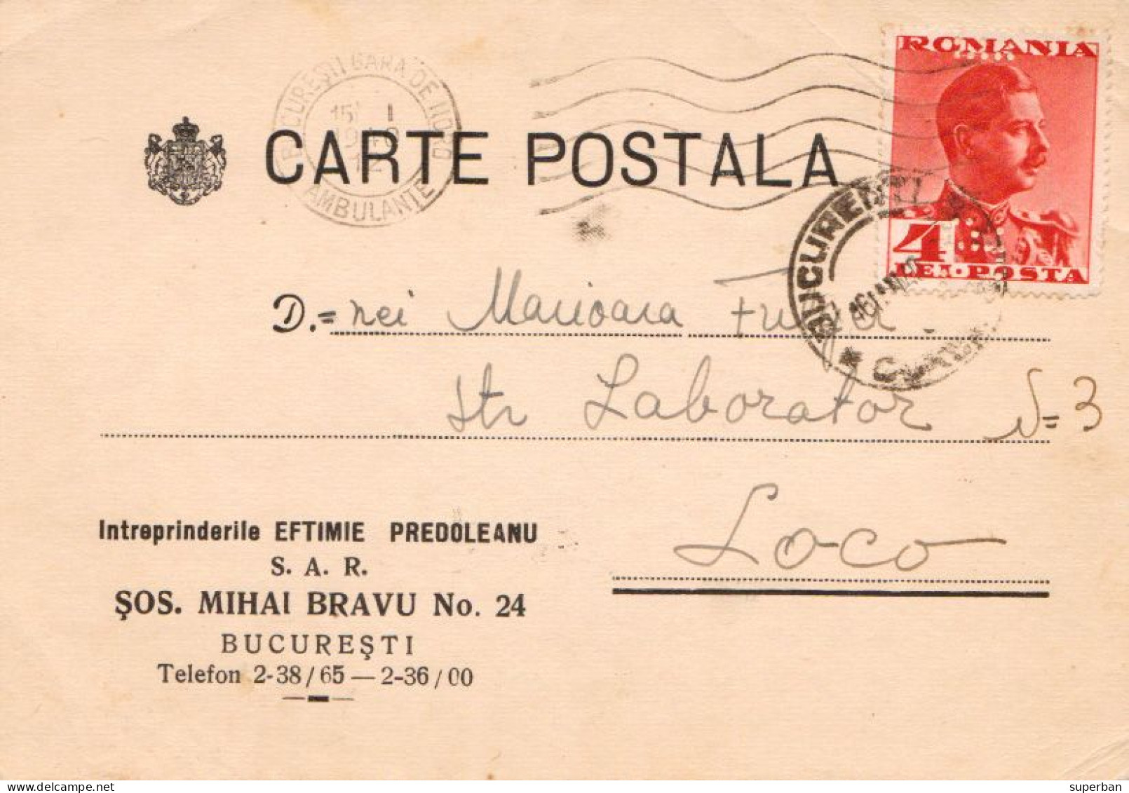 TIMBRU : 4 LEI Cu PERFIN / PERFORATED STAMP - ÎNTRPRINDERILE EFTIMIE PRDOLEANU / BUCURESTI - 1940 - RRR ! (an421) - Errors, Freaks & Oddities (EFO)