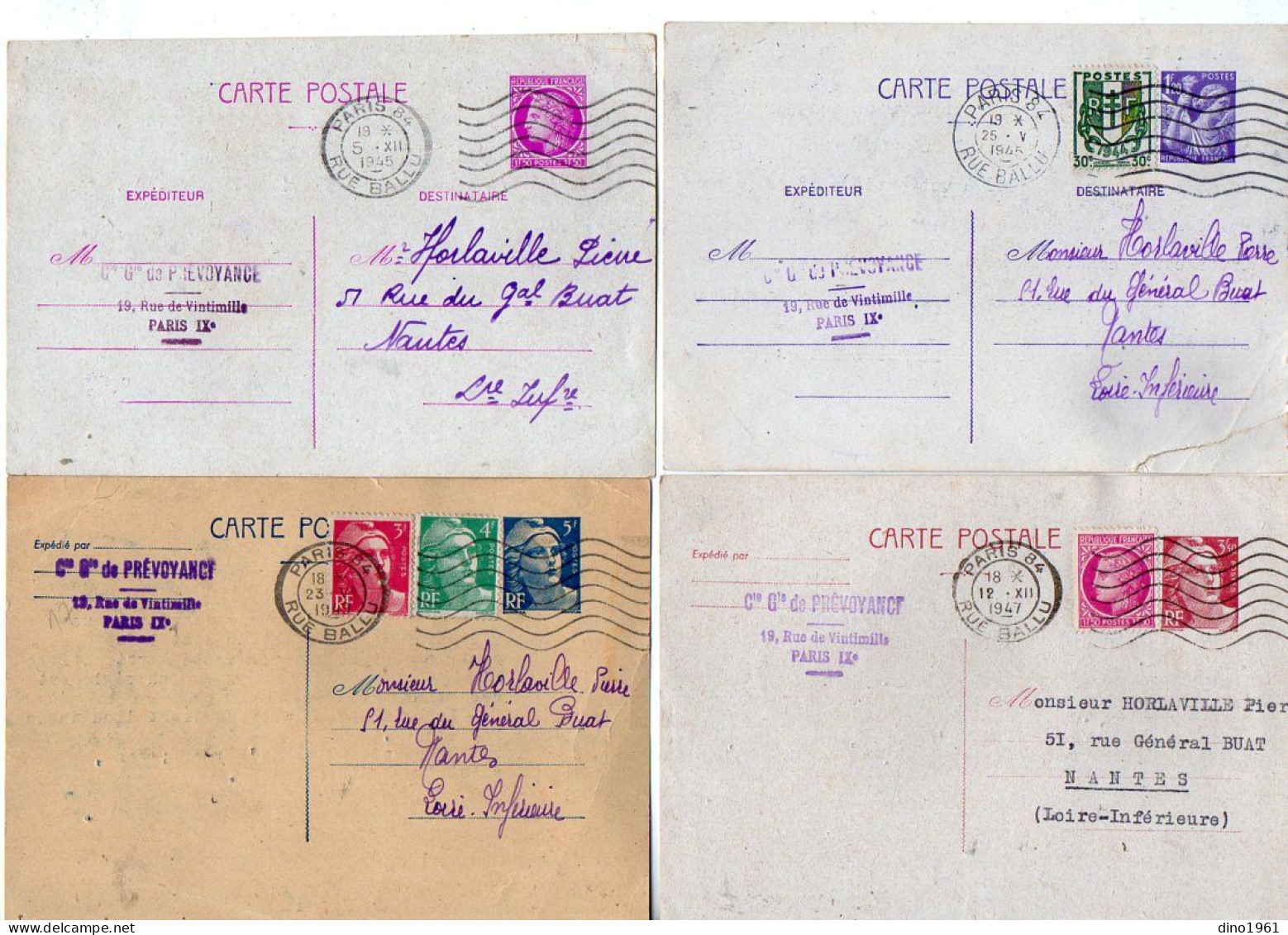 TB 4707 - 1945/49 - 4 Entiers Postaux - Cie De Prévoyance, Rue Ballu à PARIS Pour M. HORLAVILLE ( Professeur ) à NANTES - Cartes Postales Types Et TSC (avant 1995)