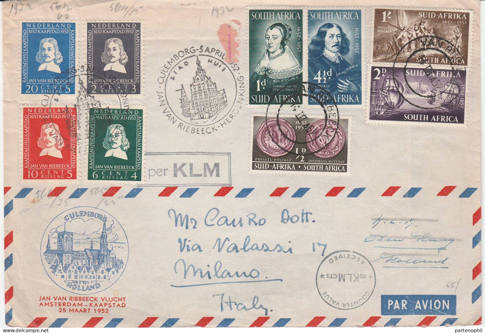 Netherlands South Africa 1952 -  Postgeschichte - Storia Postale - Histoire Postale - Cartas & Documentos