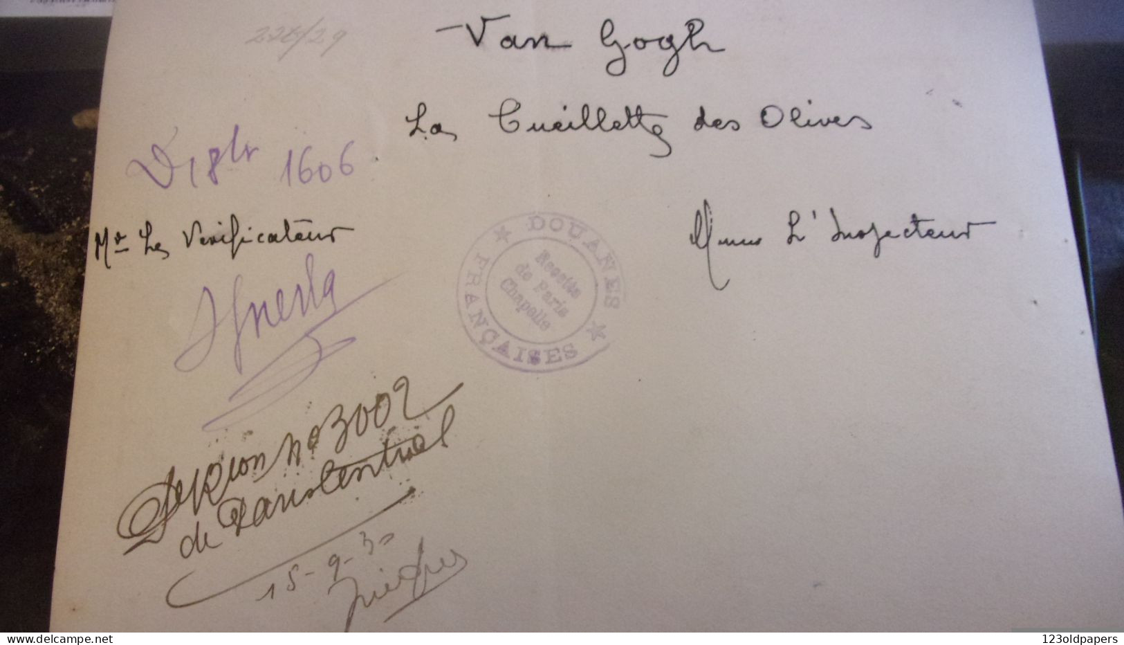 RARE PHOTO D UN TABLEAU DE VAN GOGH  LA CUEILLETTE DES OLIVES CACHET 1929 1930 IMPORTATION ET REIMPORTATION  EXPOSITION - Other & Unclassified