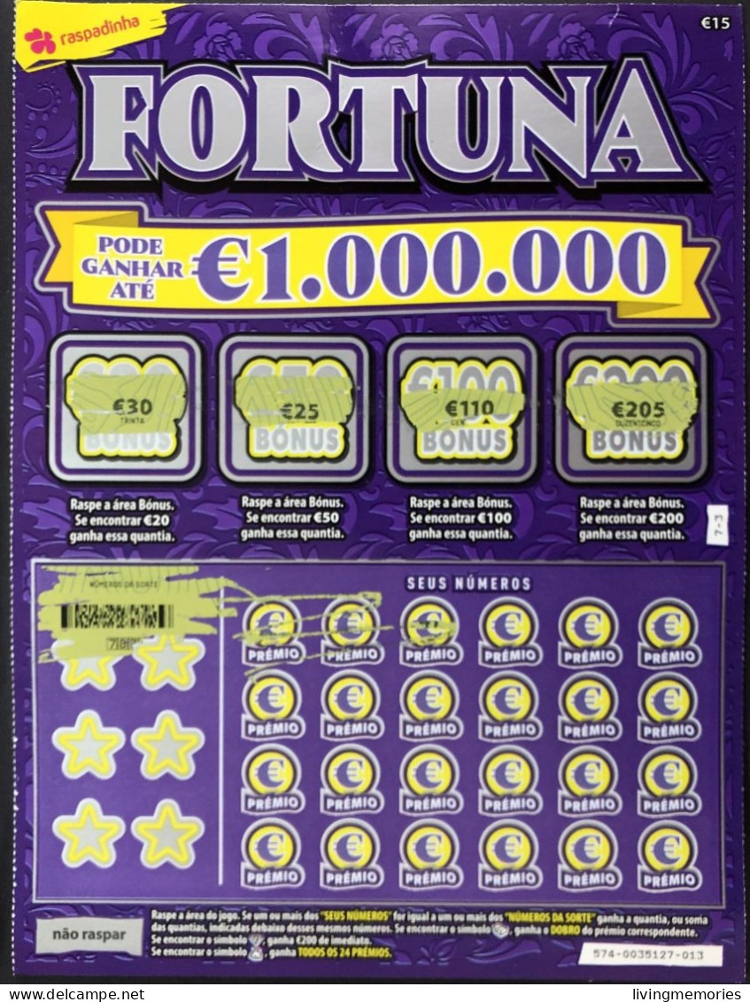 103, Lottery Tickets, Portugal, « Raspadinha », « Instant Lottery », « FORTUNA », Nº 574 - Billets De Loterie