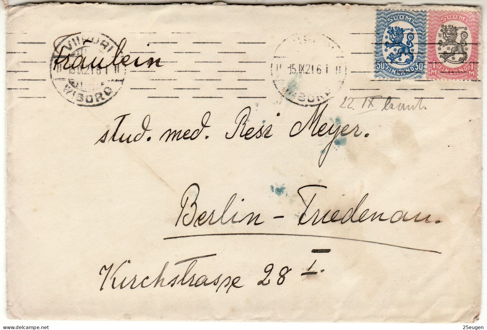 FINLAND 1921 LETTER SENT FROM WIBORG TO BERLIN - Briefe U. Dokumente