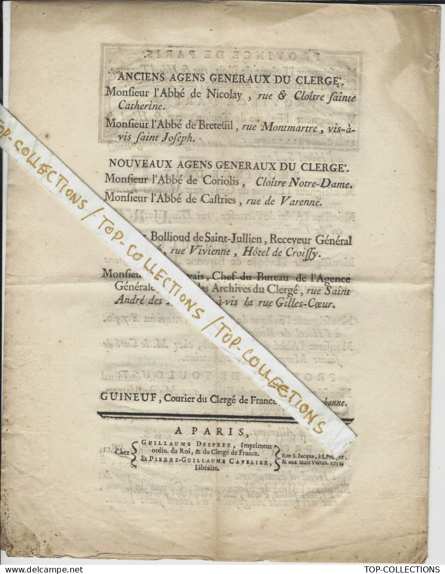 1750 ANCIEN REGIME RELIGION CATHOLIQUE  LISTE DES MEMBRES DE L' ASSEMBLEE  GENERALE DU CLERGE à Paris V.HISTORIQUE - Documenti Storici