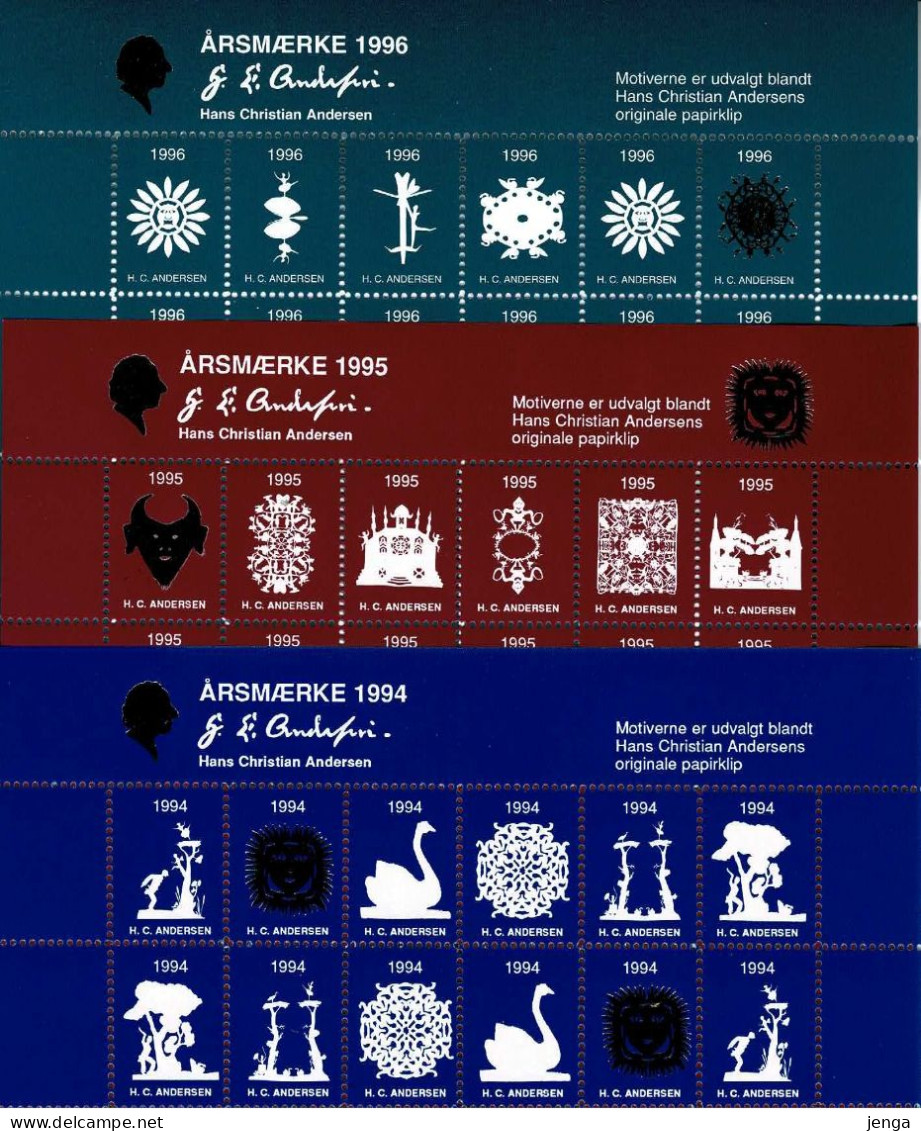 Denmark; Lions Club; Local Christmas Seals Odense.  H. C. Andersen, 3 Full Sheets 1994 - 1996, MNH(**) Not Folded. - Rotary, Lions Club