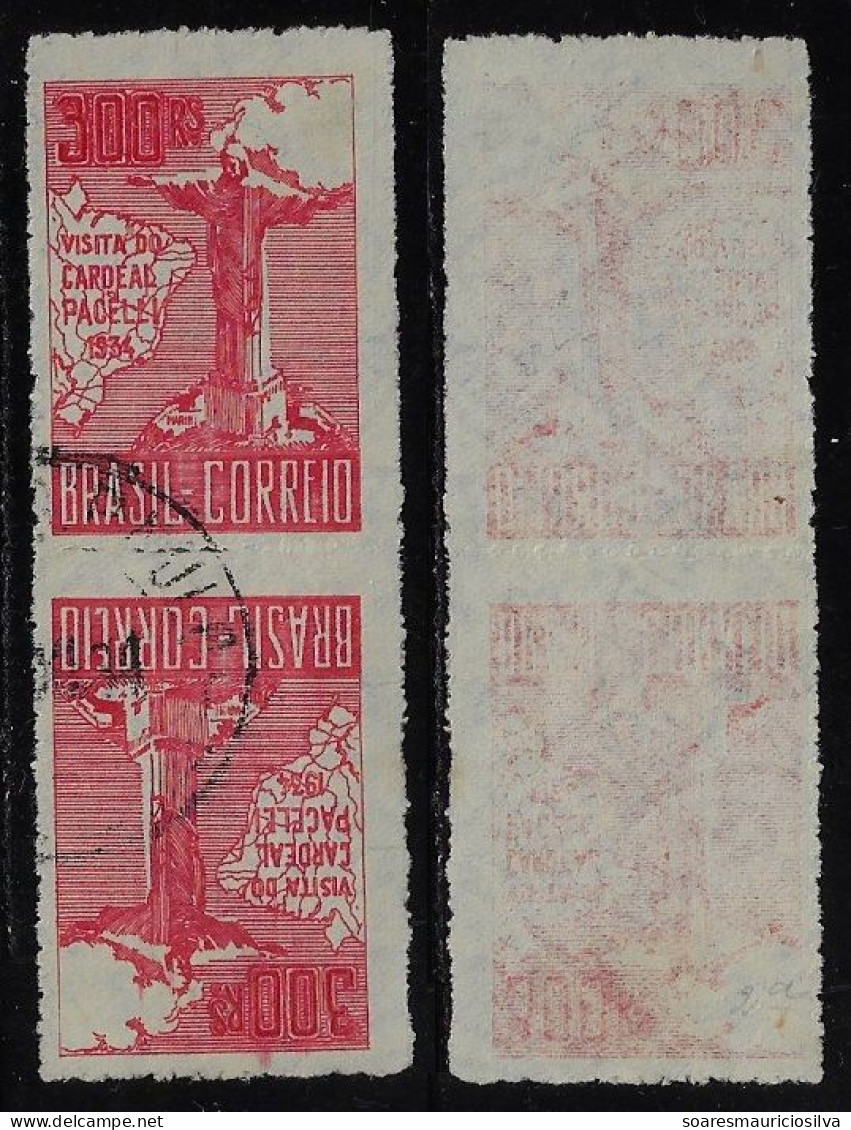 Brazil 1934 Tête-bêche Pair Stamp Visit Cardinal Pacelli Pope Pius XII Christ The Redeemer 2rd Printing Catalog US$220 - Oblitérés