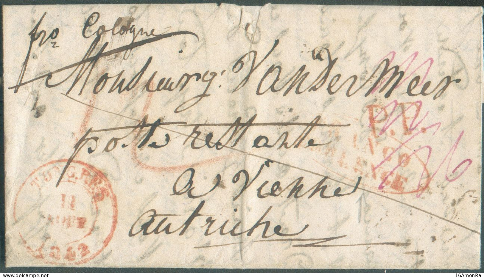 LAC De TONGRES Le 11 Août 1842 + Man. 'fco Cologne' Et Griffes Rouge P.P. Et Ovale FRANCO COBLENCE Vers Vienne   - 22094 - 1830-1849 (Belgique Indépendante)