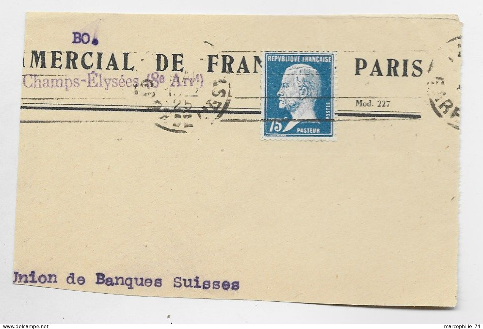 FRANCE ROULETTE 75C PASTEUR FRAGMENT PARIS 1925 - Rollo De Sellos