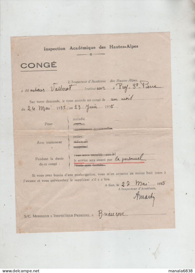 Inspection Académique Hautes Alpes Congé Vasserot Instituteur Puy Saint Pierre 1935 - Unclassified