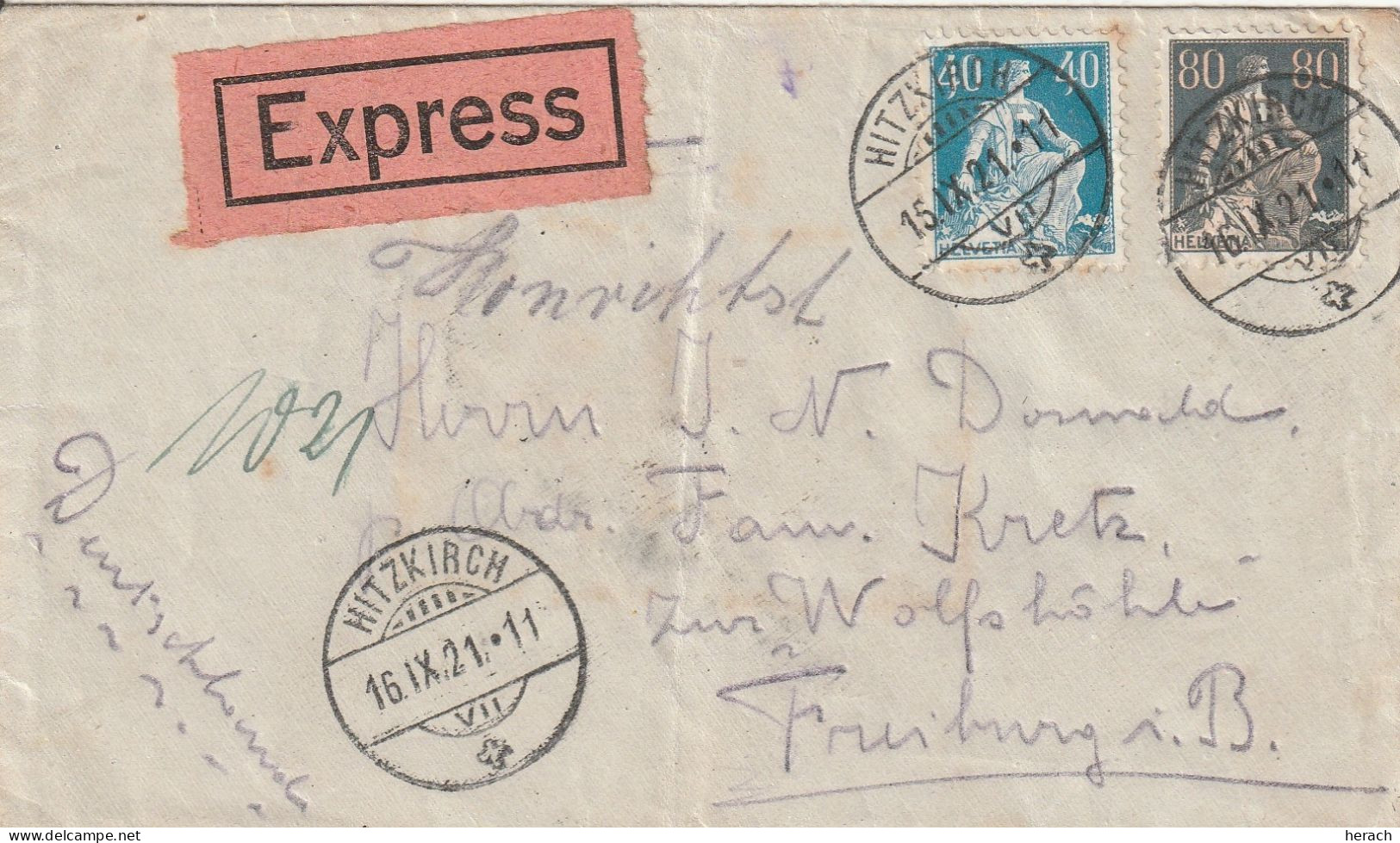 Suisse Lettre Par Exprès Hitzkirch 1921 - Marcophilie