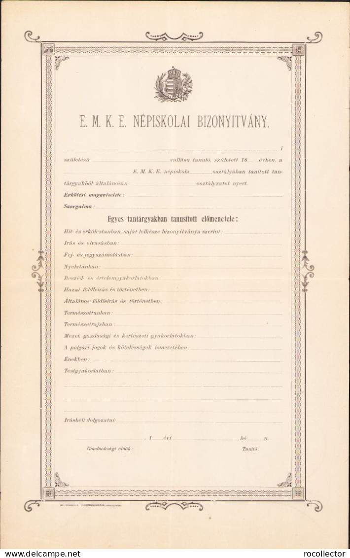 E.M.K.E. Népiskolai Bizonyitvány Pre-1900 School Certificate Transylvania Hungarian Language A741 - Diplomas Y Calificaciones Escolares