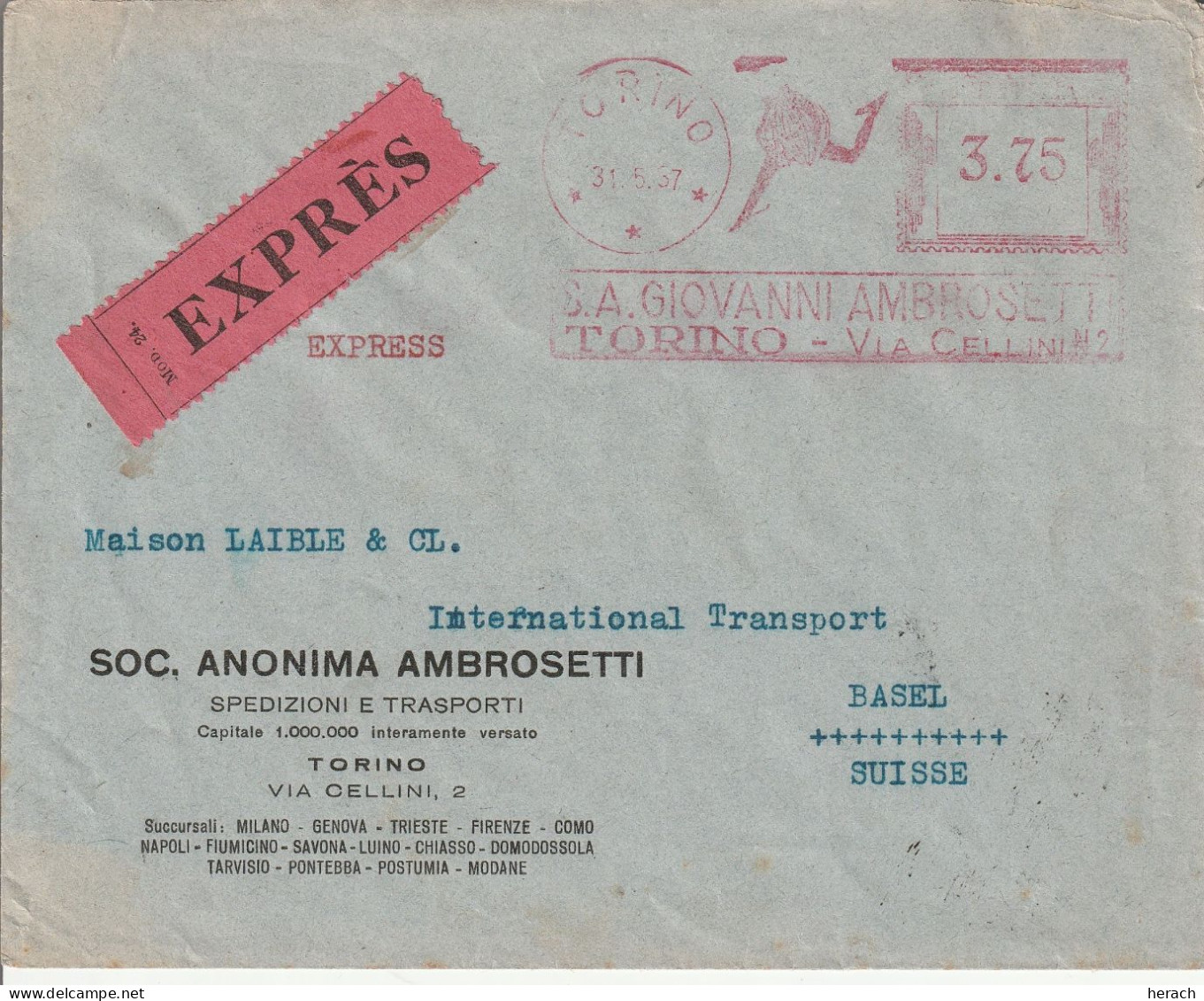 Italie EMA Torino Sur Lettre Par Exprès Pour La Suisse 1937 - Marcophilie