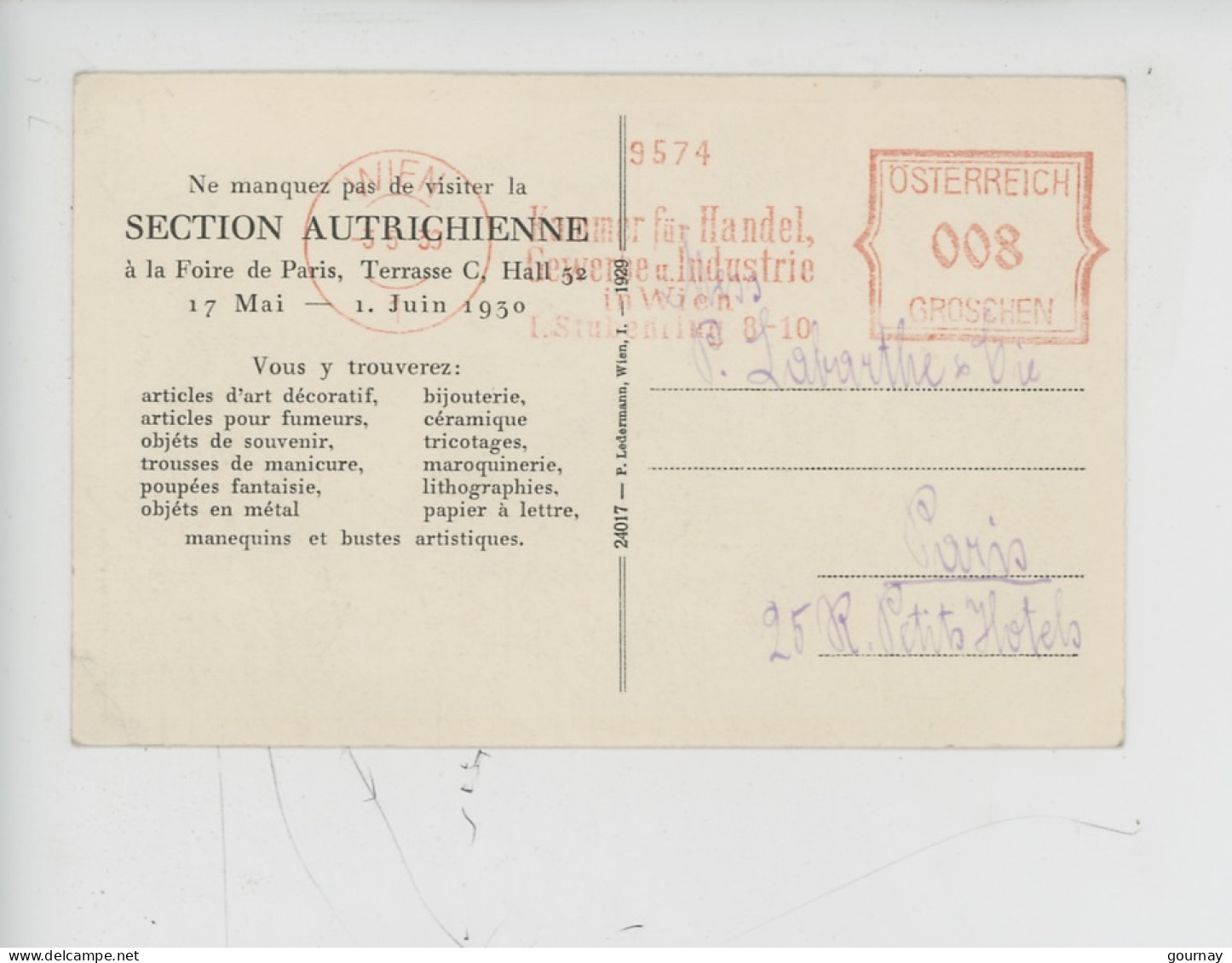 Foire De Paris 1930 Visiter "Section Autrichienne" Wien Parlament - Bijouterie Céramique Bricolage Maroquinerie Lithogr - Other & Unclassified