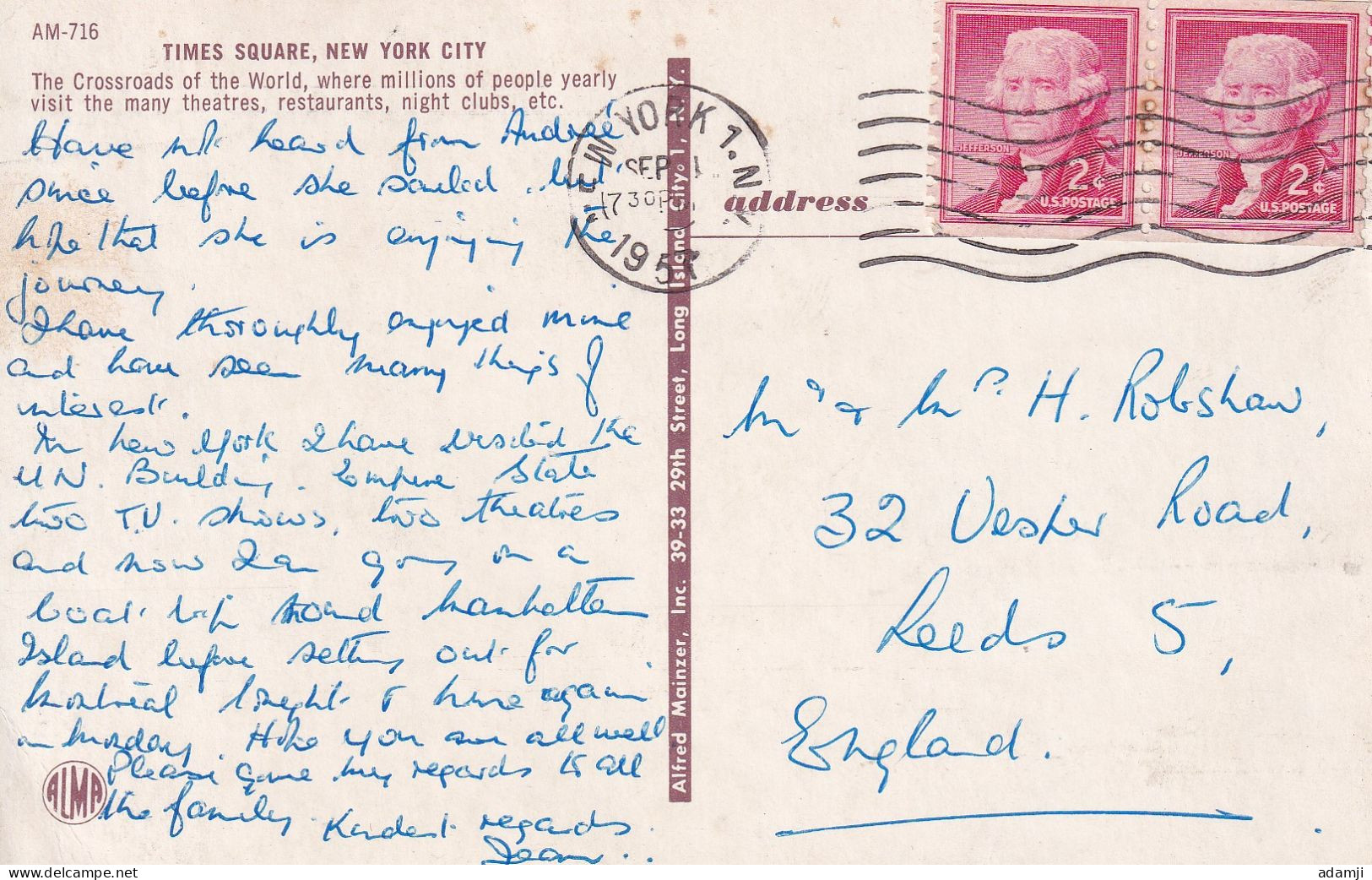 USA 1953 POSTCARD TO ENGLAND. - Covers & Documents