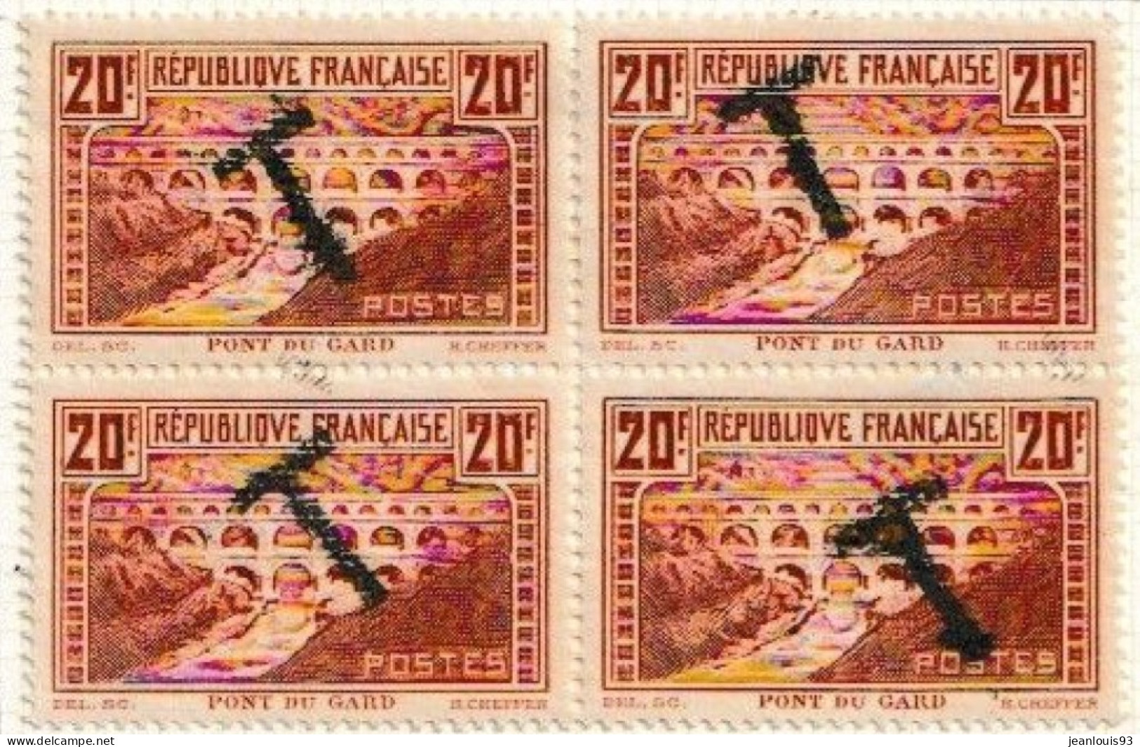 FRANCE - 262  PONT DU GARD TYPE IIB BLOC DE 4 TIMBRES OBL USED T DE TAXE COTE 200 EUR - Gebruikt