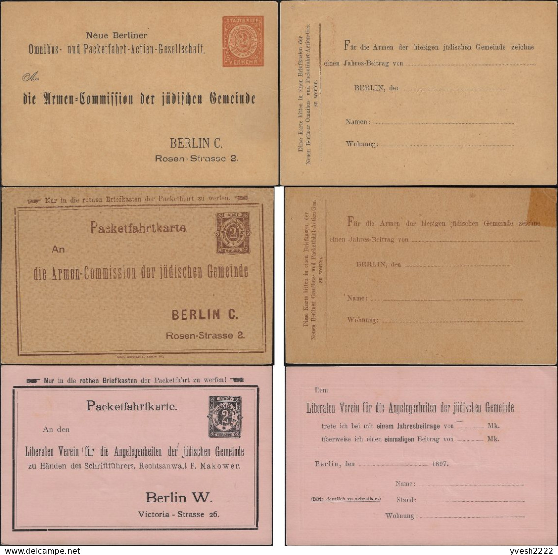 Berlin 1886 1888, 1897. 3 Entiers Postaux Poste Privée. Collecte De Fonds Pour Les Pauvres De La Communauté Juive Locale - Judaika, Judentum