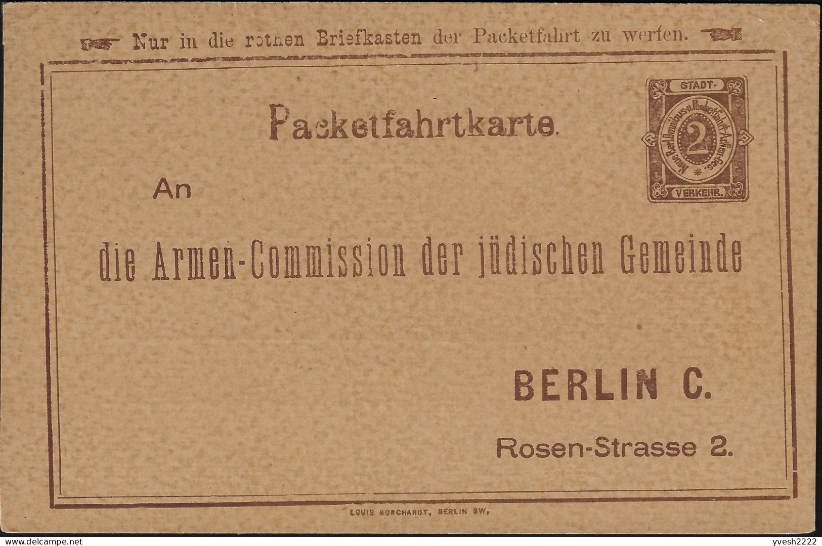 Berlin 1886 1888, 1897. 3 Entiers Postaux Poste Privée. Collecte De Fonds Pour Les Pauvres De La Communauté Juive Locale - Judaísmo