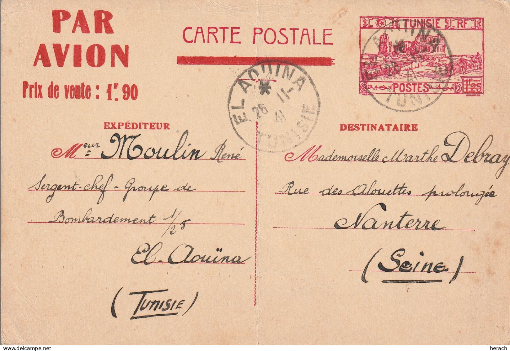 Tunisie Entier Postal Par Avion El Aouïna Pour La France 1941 - Lettres & Documents