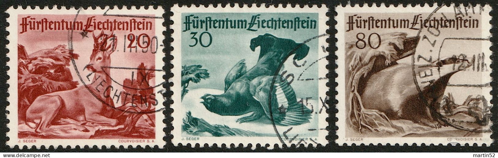 Liechtenstein 1950: Jagdserie III. Zu 232-234 Mi 285-287 Yv 247-249 Mit Zoll-⊙ SCHAANWALD 12.III.5? (Zumstein CHF 82.00) - Gebraucht