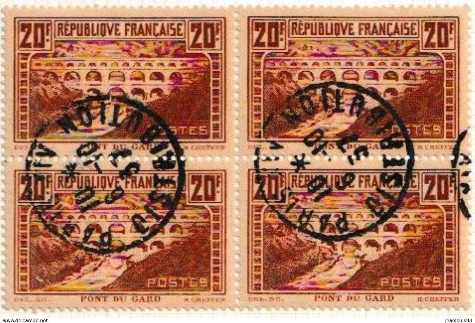 FRANCE - 262a  PONT DU GARD TYPE IIB CHAUDRON FONCE BLOC DE 4 TIMBRES OBL USED T DE TAXE COTE 220 EUR - Gebruikt