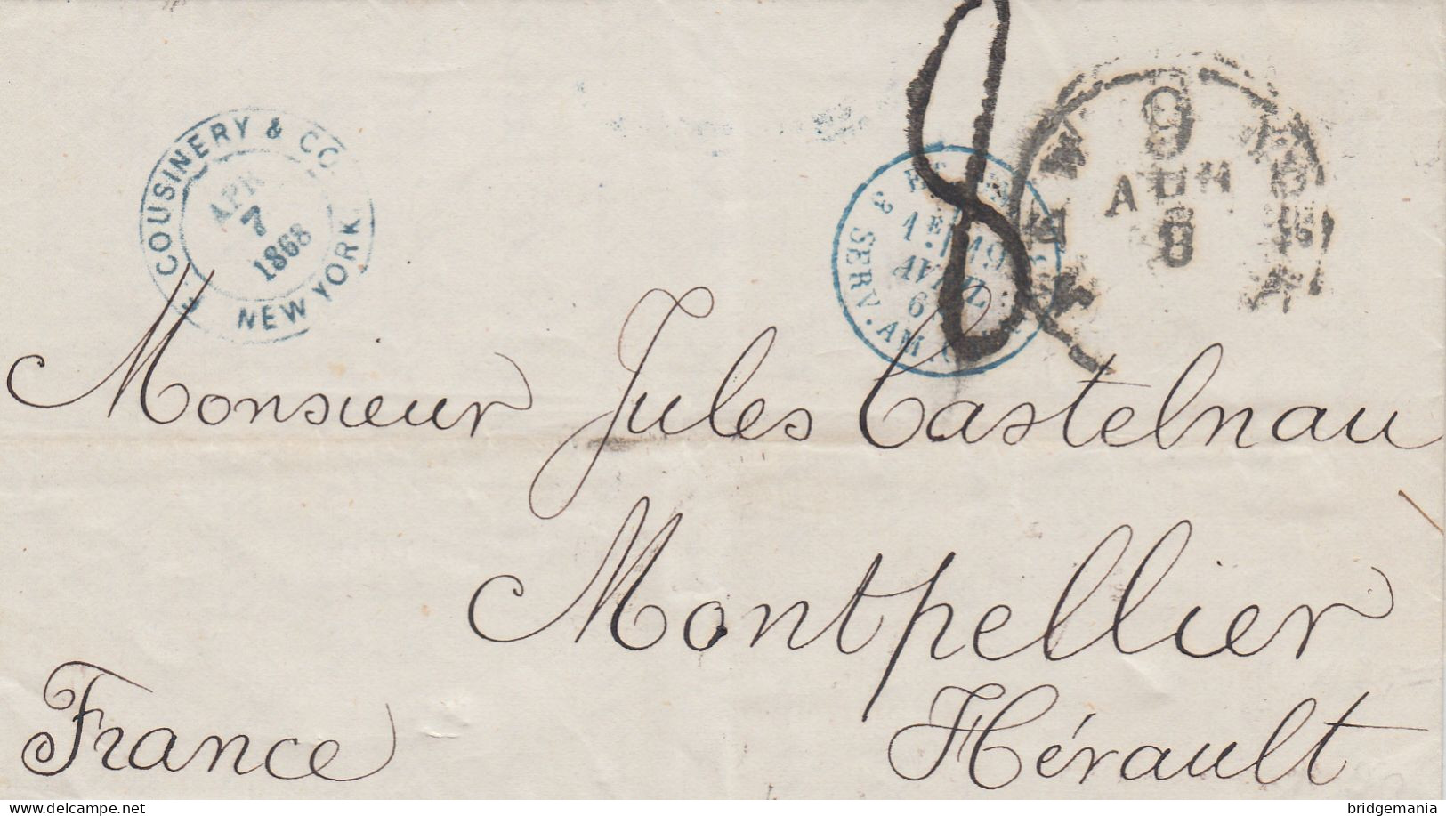 MTM107 - 1868 TRANSATLANTIC LETTER USA TO FRANCE Steamer DEUTSCHLAND - UNPAID - Storia Postale