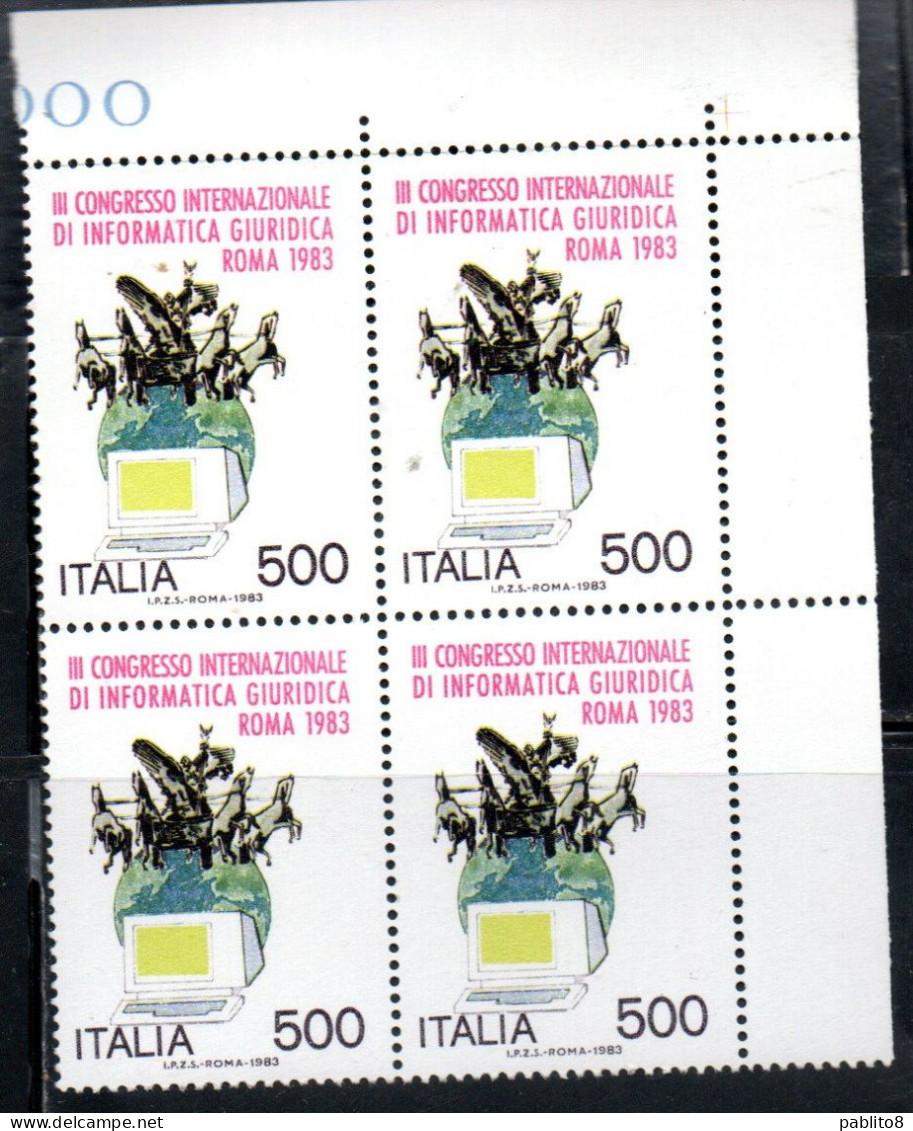 ITALIA REPUBBLICA ITALY 1983 CONGRESSO INTERNAZIONALE DI INFORMATICA GIURIDICA QUARTINA ANGOLO DI FOGLIO MNH - 1981-90: Mint/hinged