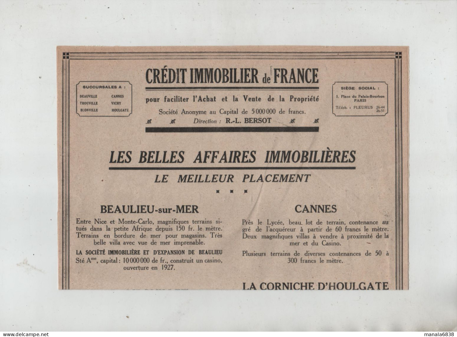 Crédit Immobilier De France Bersot  Beaulieu Cannes Houlgate Rambouillet Trouville Deauville - Werbung