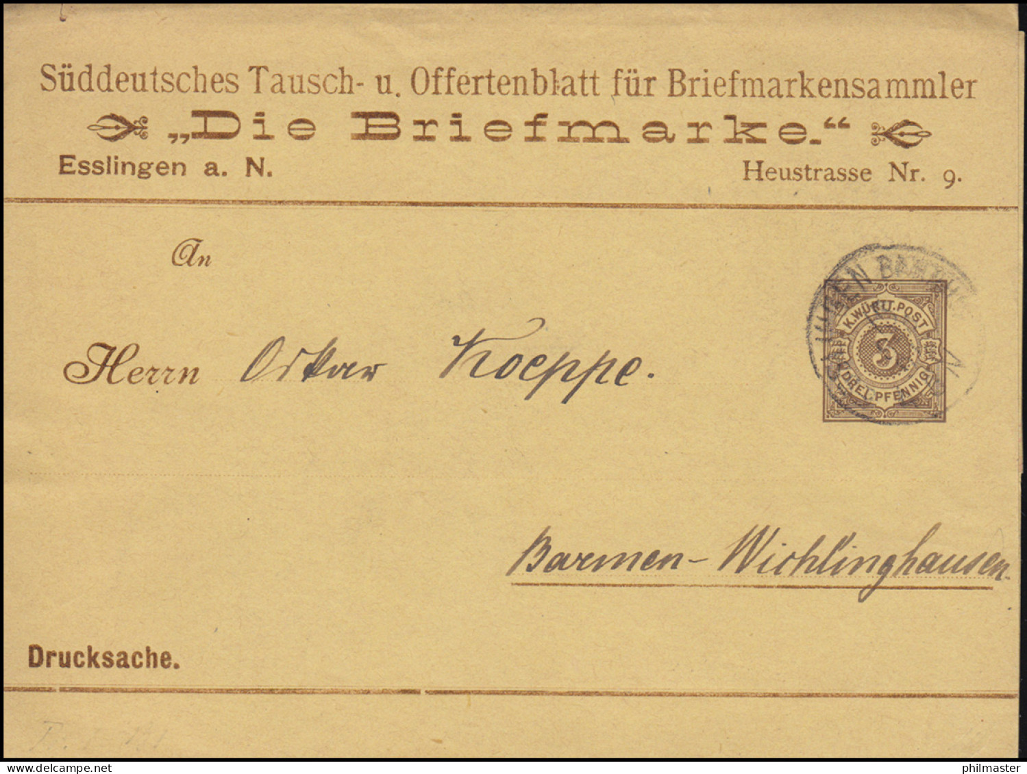 Württemberg PS 2 Ziffer 3 Pf. Braun Drucksache Die Briefmarke ESSLINGEN 15.9.94 - Interi Postali