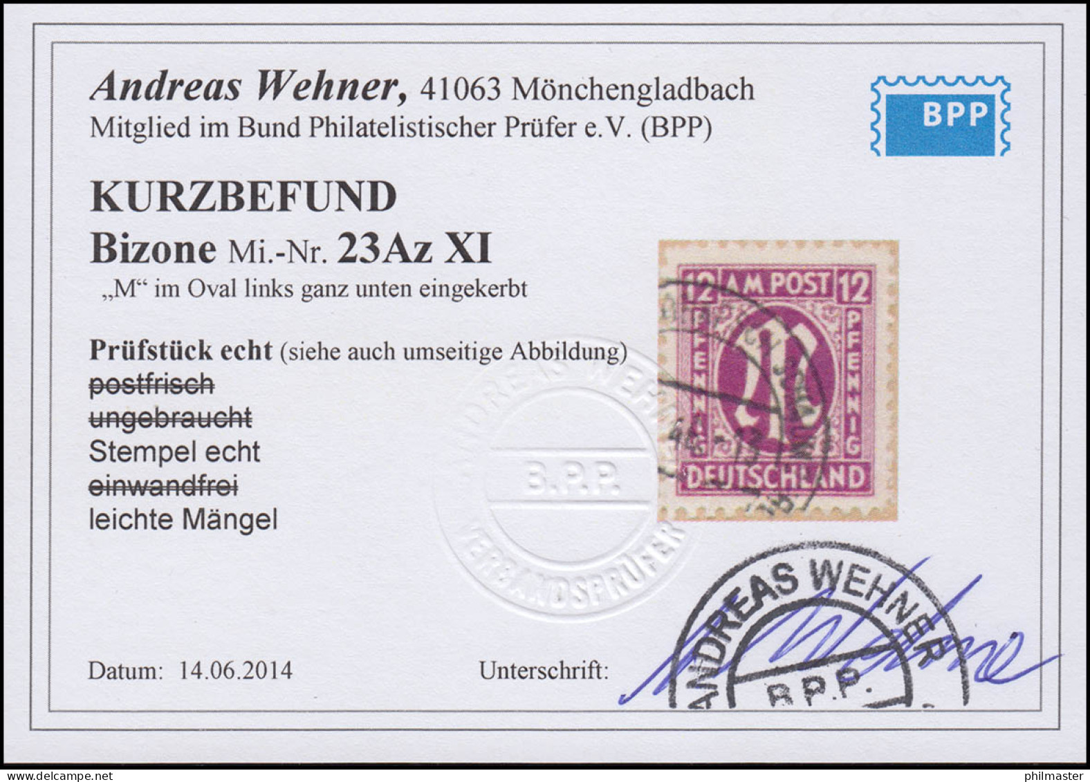 23Az PLF XI AM-Post 12 Pf Mit Plattenfehler Kerbe Im M, Bfst., Befund Wehner BPP - Afgestempeld