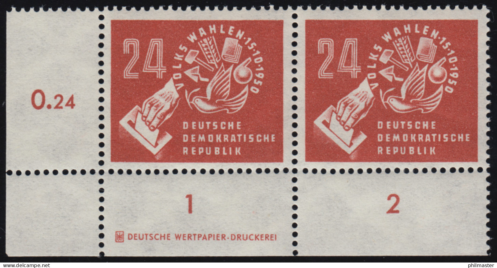 275DZ Volkswahlen 1950, Eckrand-Paar Mit Druckeizeichen Auf R1, Ungefaltet, ** - Neufs