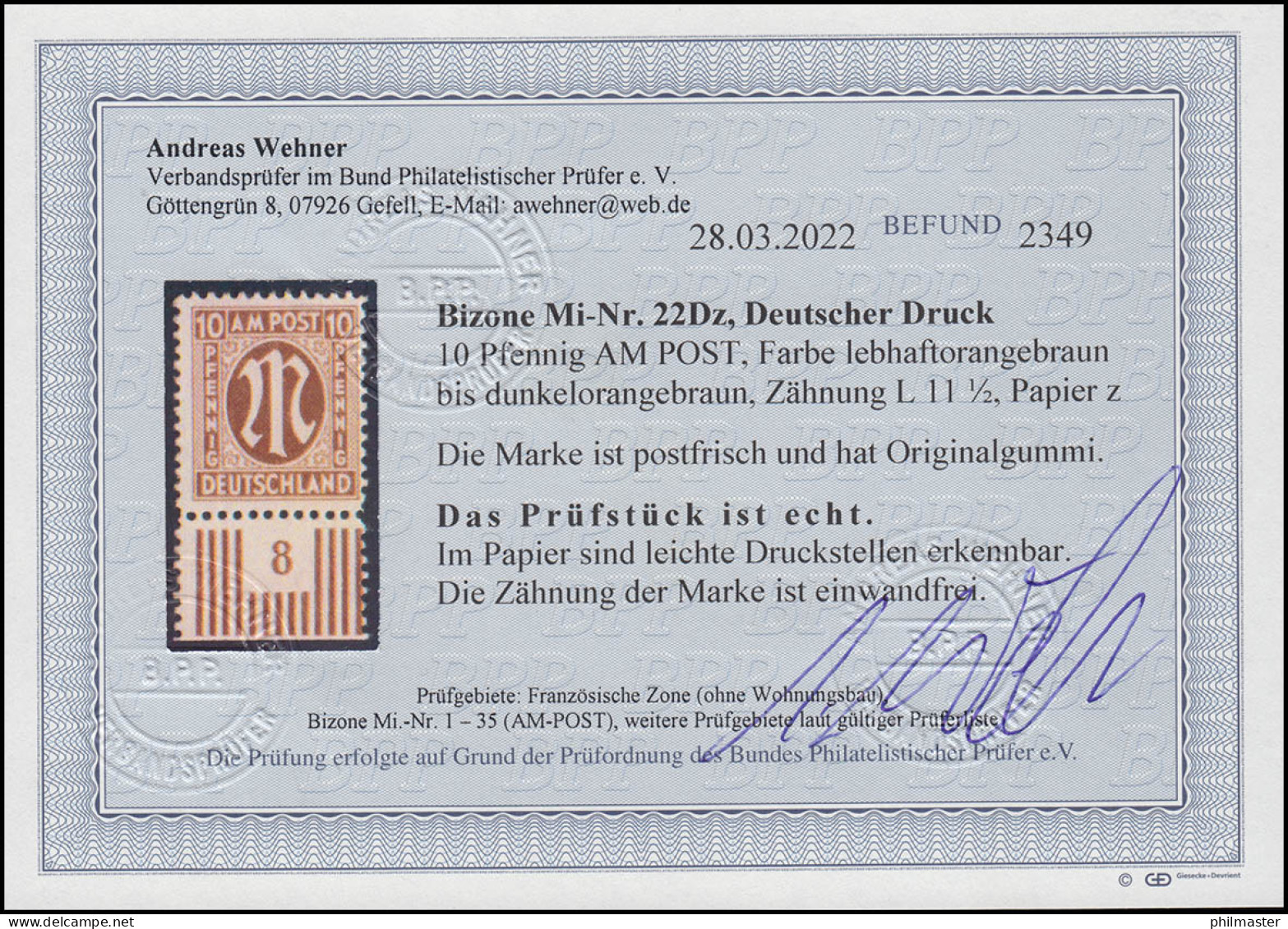 22Dz AM-Post 10 Pf Seltene Zähnungsvariante, ** Befund Wehner BPP - Neufs