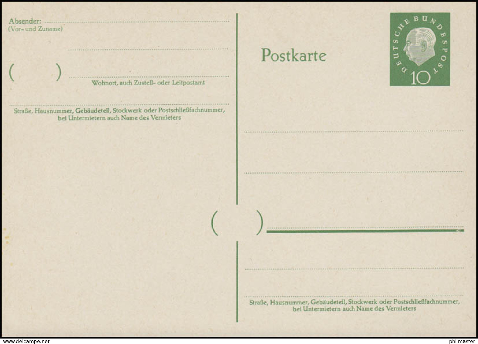 P 37 Heuss II 10 Pf, Ohne Beidruck ** - Cartes Postales - Neuves