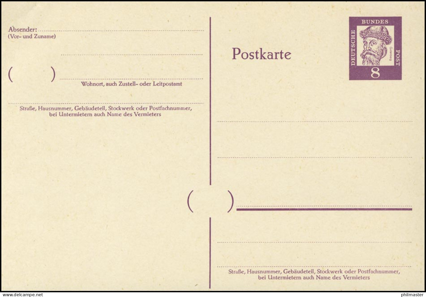 P 59 Gutenberg 8 Pf Antiqua, Ohne Beidruck ** Wie Verausgabt - Postkarten - Ungebraucht