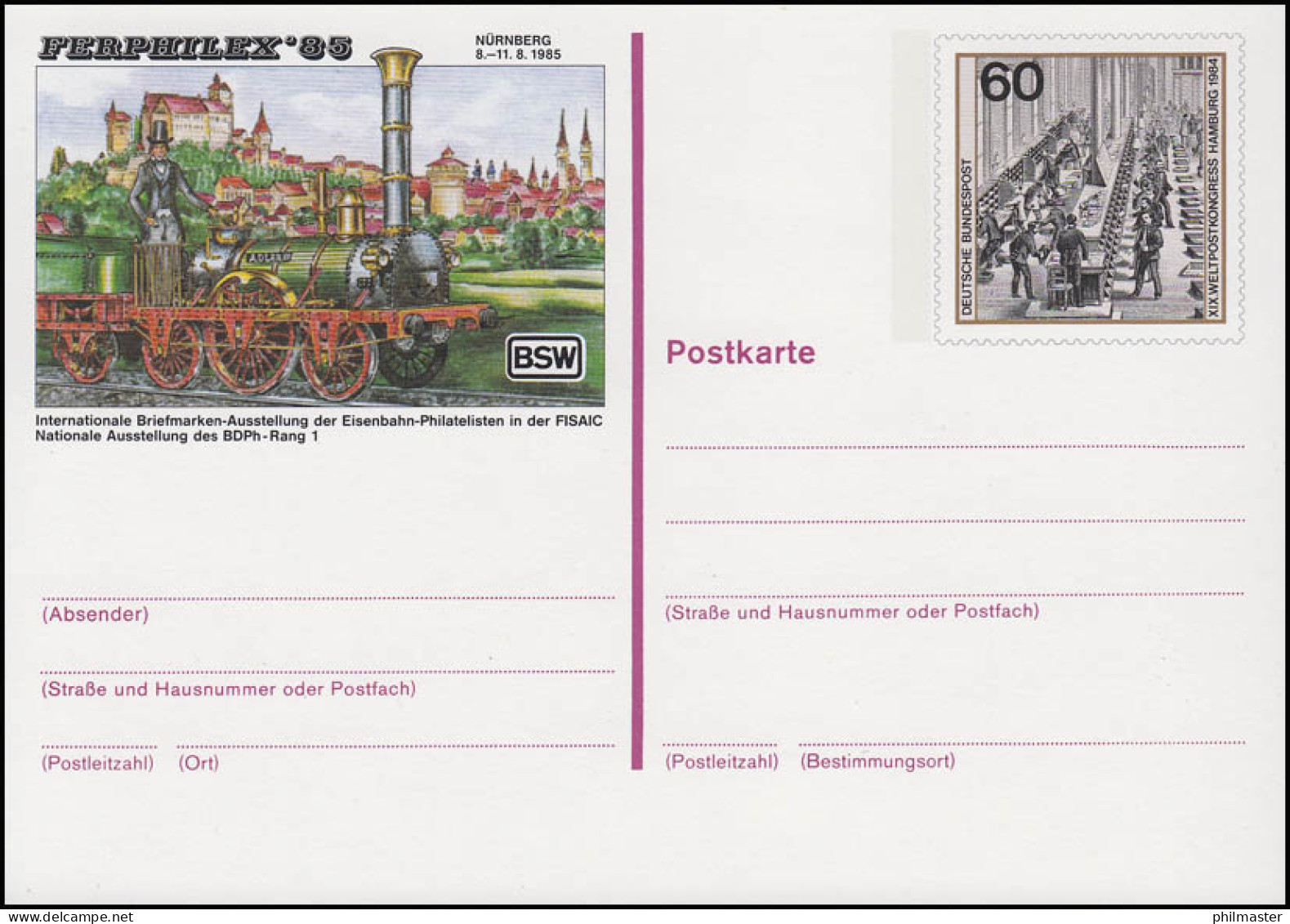 PSo 10 FERPHILEX Nürnberg 1985, ** - Postkarten - Ungebraucht