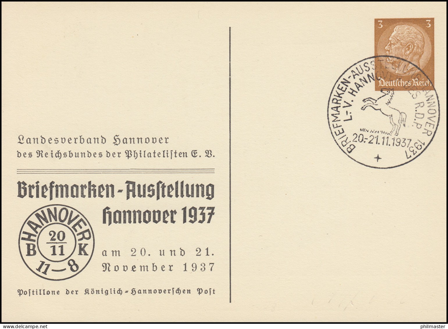 PP 122 Briefmarkenausstellung Hannover Passender SSt 20.-21.11.1937 Pferd - Philatelic Exhibitions