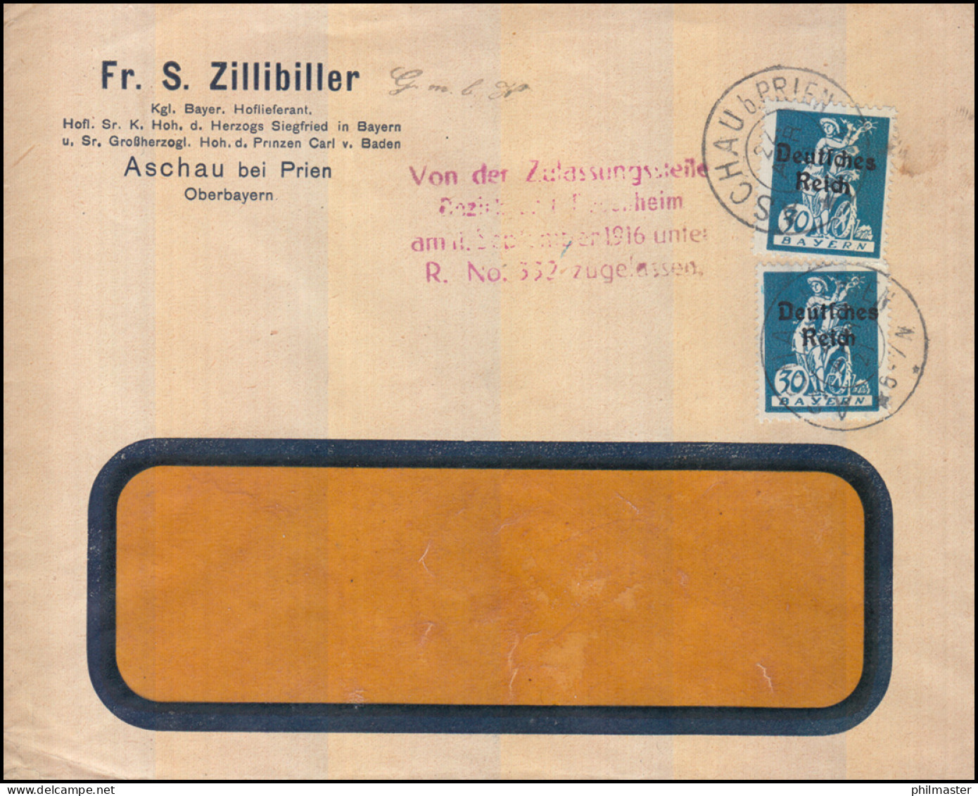 Zensur 123 Abschiedsserie Mit Aufdruck Als MeF Brief ASCHAU Bei PRIEN 22.4.1921 - Plaatfouten & Curiosa