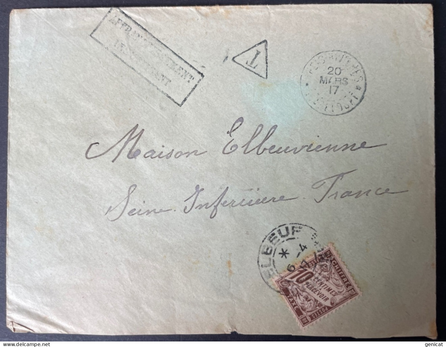 Guadeloupe Lettre De Trois Rivières 1917 Taxe A L'Arrivée Avec Griffe Affranchissement Insuffisant Timbre Au Verso - Briefe U. Dokumente