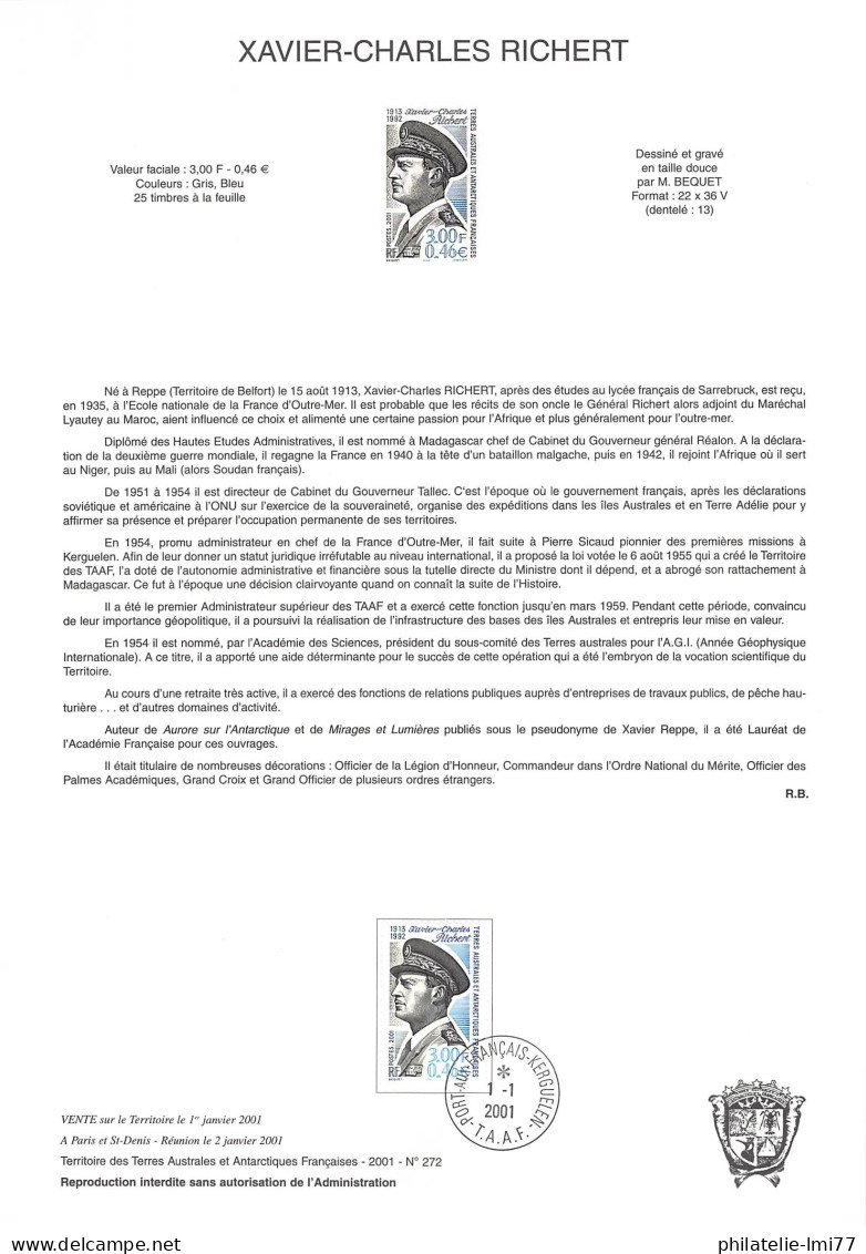 Notice Philatélique TAAF N° 272 - Xavier-Charles Richert - FDC