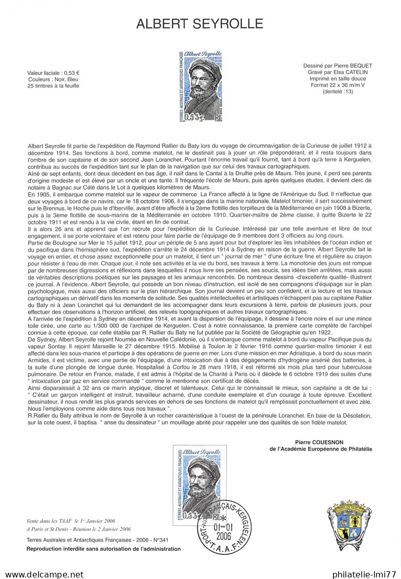 Notice Philatélique TAAF N° 341 - Albert Seyrolle - FDC