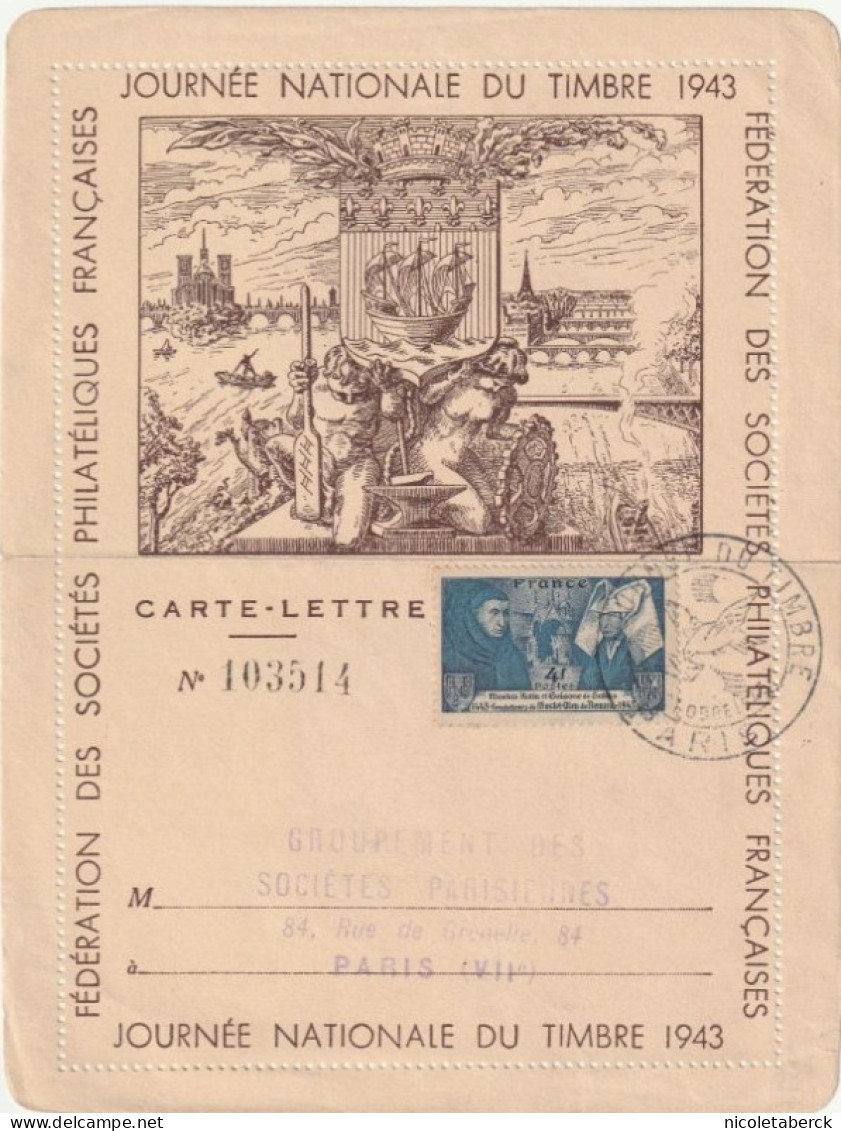 N°583(Y&T) Sur Carte Lettre, Journée Du Timbre 1943 Paris. - Lettres & Documents