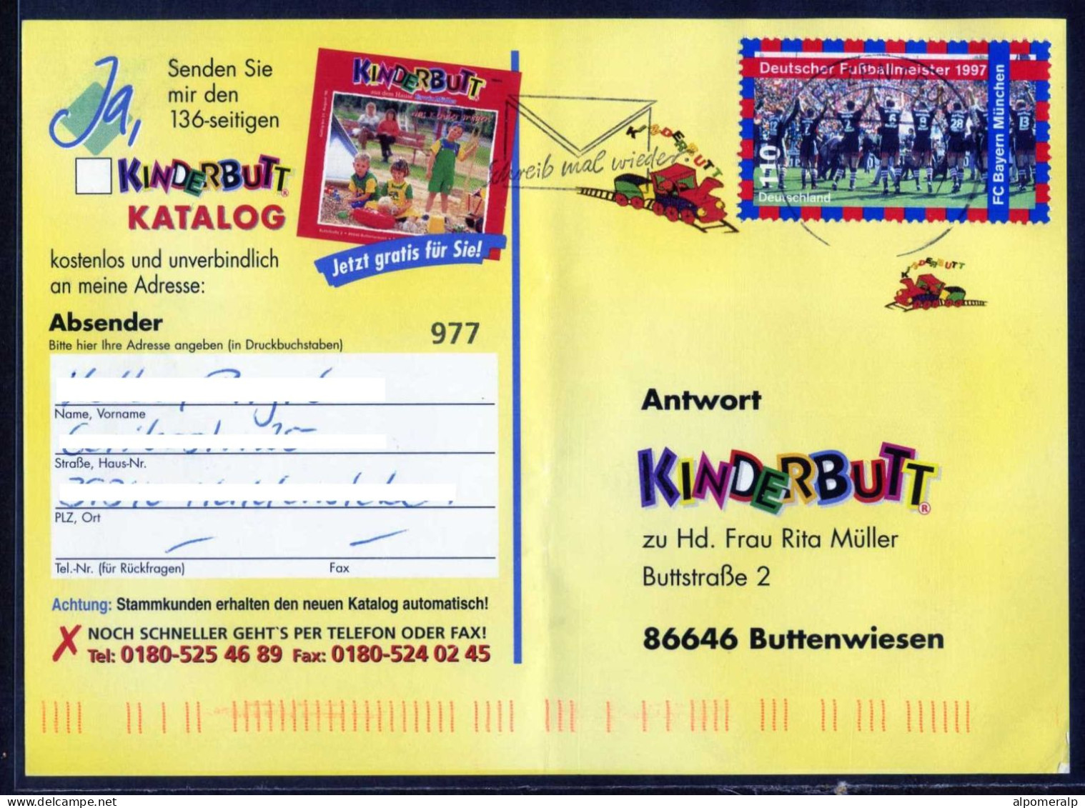 Germany 1997 Football Champions - FC Bayern München 110 Pf Single Stamp Domestic Postcard | Mi 1958 Soccer, Sports Club - Beroemde Teams