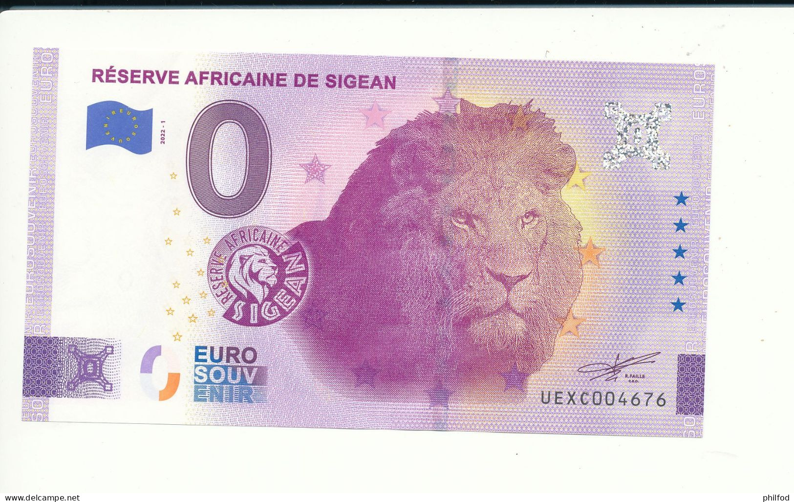 Billet Touristique  0 Euro  - RESERVE AFRICAINE DE SIGEAN - 2022-1 -  UEXC -  N° 4676 - Billet épuisé - Sonstige & Ohne Zuordnung