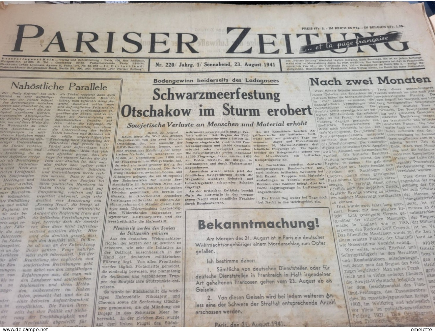PARISER ZEITUNG 23 /8/1941 / 8 PAGES DONT 1 EN FRANCAIS - Sonstige & Ohne Zuordnung