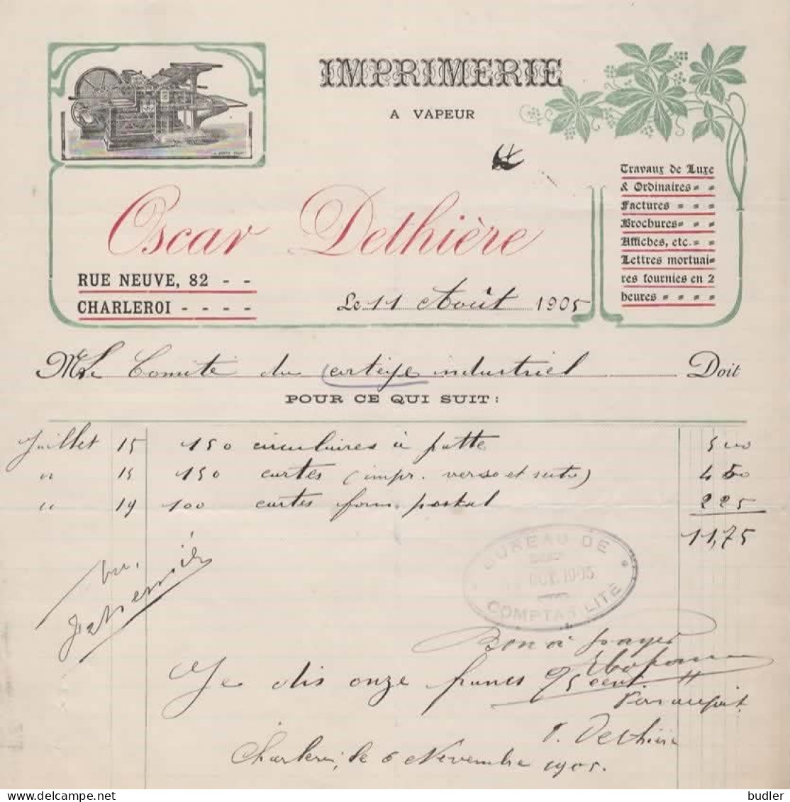 ART NOUVEAU / JUGENDSTIL 1905:Factuur Van/Facture De  ##Imprimerie à Vapeur OSCAR DETHIÈRE, Rue Neuve, 82, CHARLEROI##. - Drukkerij & Papieren