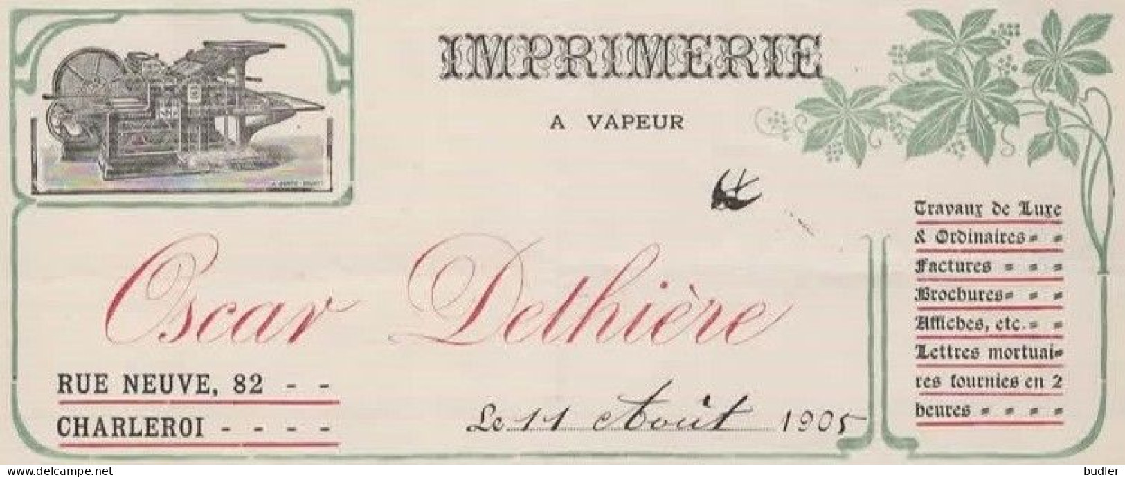 ART NOUVEAU / JUGENDSTIL 1905:Factuur Van/Facture De  ##Imprimerie à Vapeur OSCAR DETHIÈRE, Rue Neuve, 82, CHARLEROI##. - Druck & Papierwaren