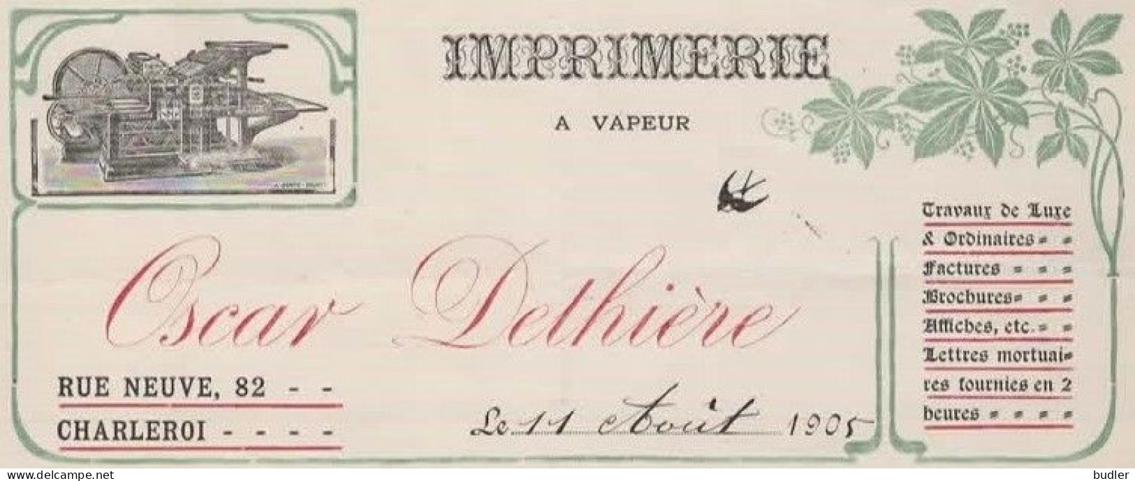 ART NOUVEAU / JUGENDSTIL 1905:Factuur Van/Facture De  ##Imprimerie à Vapeur OSCAR DETHIÈRE, Rue Neuve, 82, CHARLEROI##. - Imprenta & Papelería