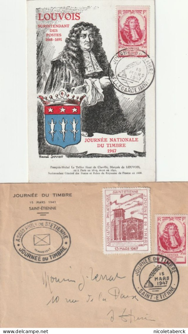 Journée Du Timbre 1947 1er Jour 15/3/47  Bellegarde Et St Etienne. Vignette Rare. Cote 60€ - Lettres & Documents