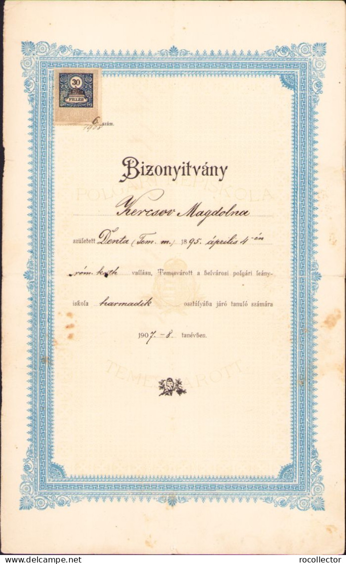 Bizonytvany 1908 Temesvar Polgari Leany Iskola School For Girls Certificate A719 - Diploma & School Reports