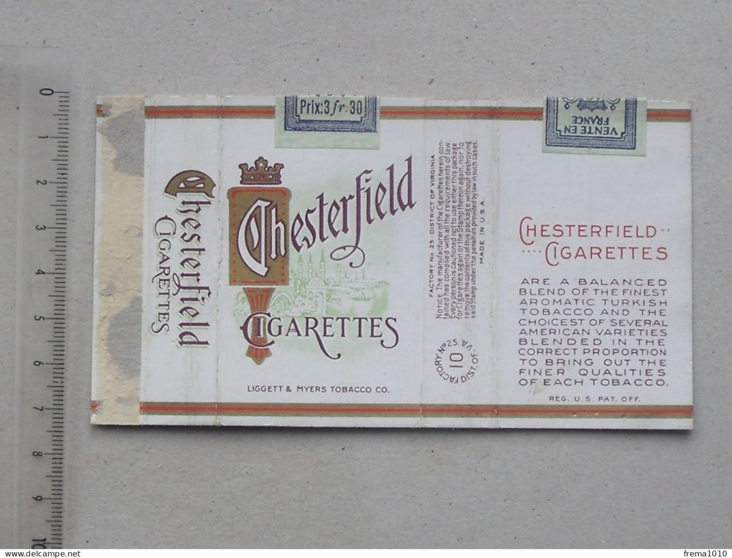 TABAC Authentique Paquet 10 Cigarettes Vide Ancien CHESTERFIELD - AMERICAN TOBACCO Turquie - Vente En FRANCE - Other & Unclassified