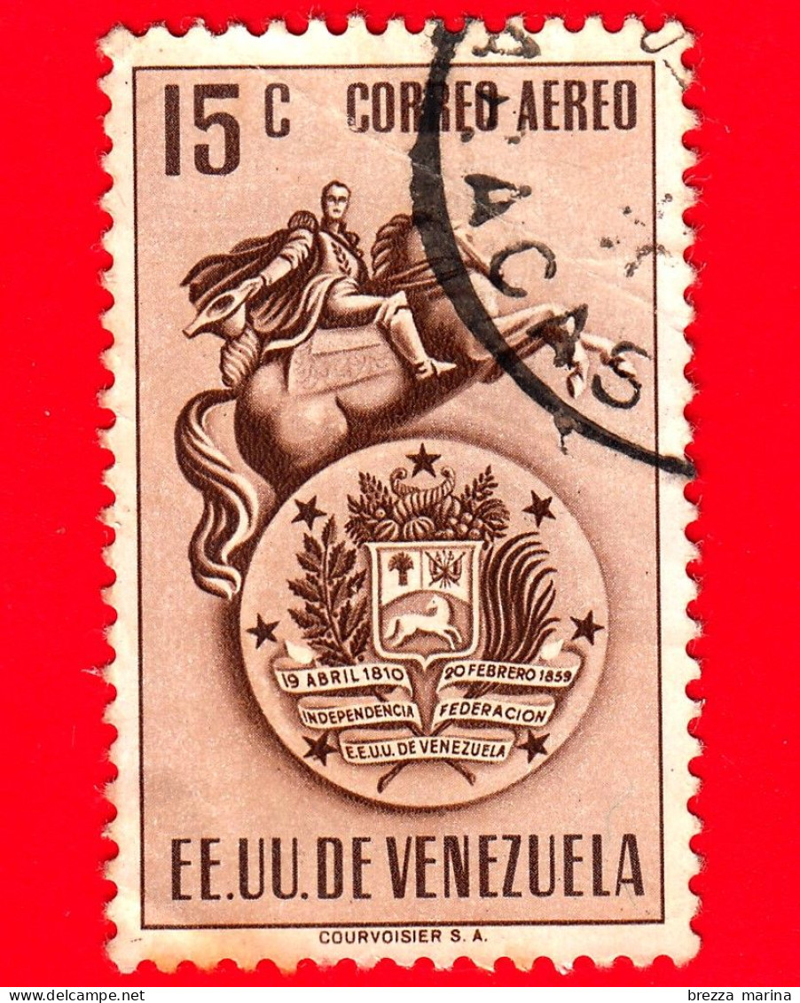 VENEZUELA - Usato - 1951 - Stemma E Statua Di Simon Bolivar - Arms - 15 - P. Aerea - Venezuela