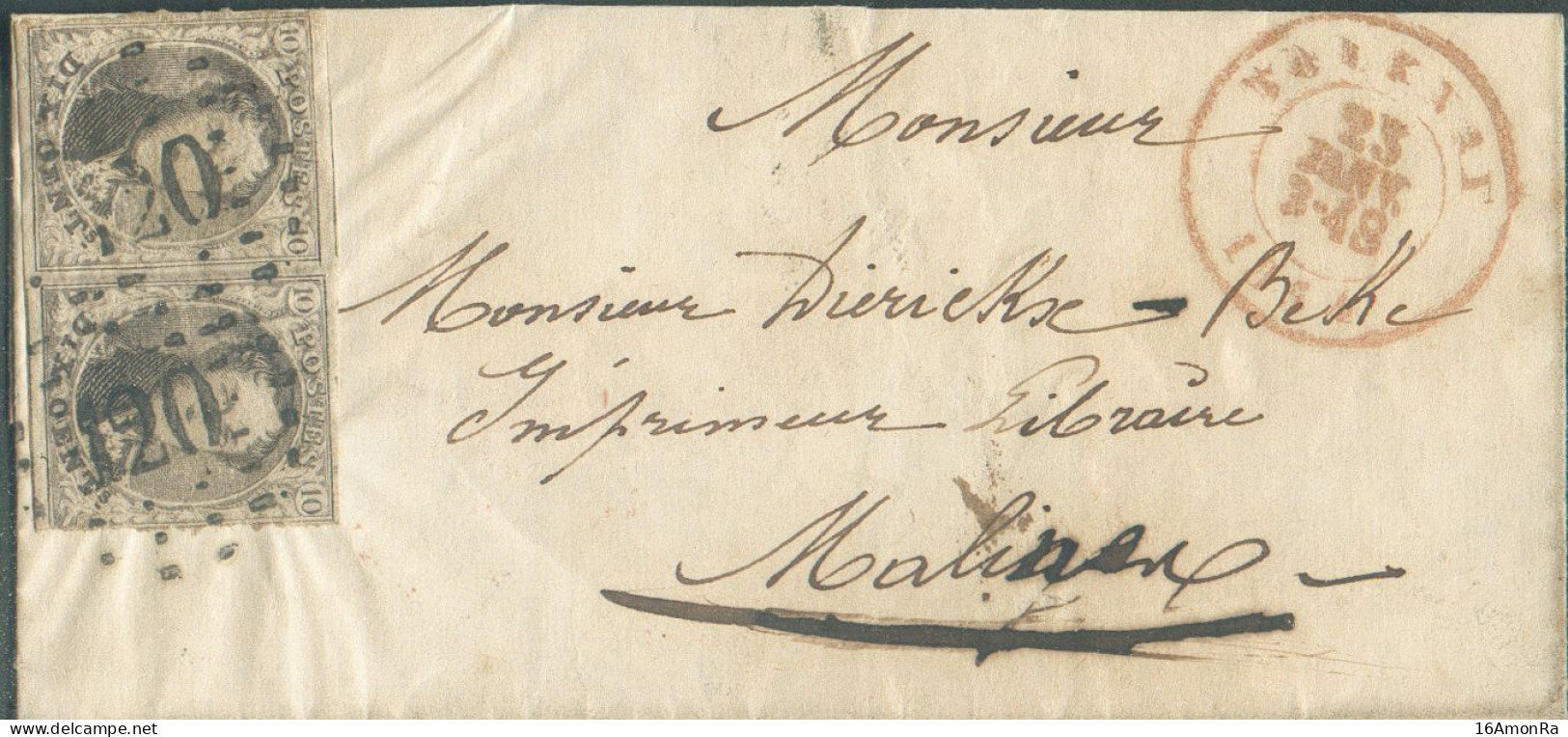 N°6(2) - Médaillons 10 Centimes Bruns, Pl.II En Paire, Obl. à Points P.120 Sur Lettre De TOURNAY 23 JANV. 1854 Vers Mali - 1851-1857 Medaglioni (6/8)